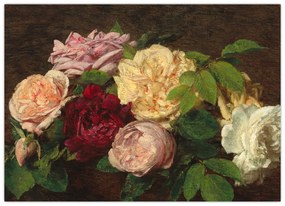 Sklenený obraz - Henri Fantin-Latour, Roses de Nice on a Table, reprodukcia (70x50 cm)