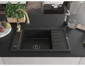 Mexen Elias, 1-komorový granitový drez 795x480x200 mm a drezová batéria Savita, čierna, 6511-77-672601-50-B