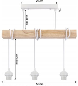 BERGE LED závesné stropné svietidlo, drevený trám, 3xE27 loft - biela