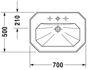 DURAVIT 1930 závesné umývadlo s otvorom, s prepadom, 700 mm x 500 mm, s povrchom WonderGliss, 04387000001