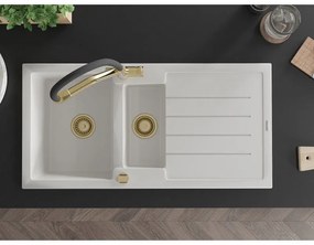 Mexen Andres, granitový drez 1000x500x200 mm, 1,5-komorový a drezová batéria Duo, biela, 6515-20-671701-57-G