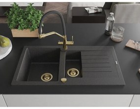 Mexen Matias, granitový drez 900x505x200 mm, 1,5-komorový a drezová batéria Duo, čierna škvrnitá, 6502-76-671701-57-G