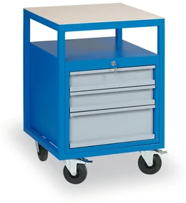 Pojazdný dielenský vozík na náradie k pracovným stolom do dielne GD, 3 zásuvky, 575 x 600 x 850 mm, modrá