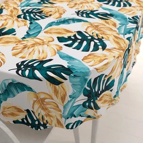 Biante Bavlnený oválny obrus Sandra SA-500 Modrozelené a zlaté tropické listy 140x220 cm