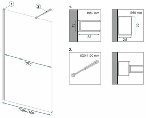 Rea Aero, sprchová zástena typu Walk-In 110cm, 8mm číre sklo, čierny profil + polica a vešiak EVO, KPL-K0597