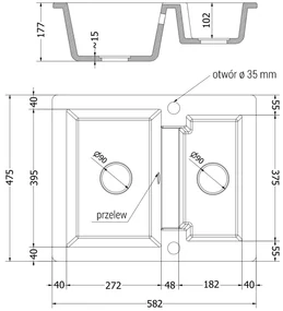 Mexen Carlos, 1,5-komorový granitový drez 582x475x177 mm a drezová batéria Elia, čierna-zlatá metalíza, 6518-75-670101-50-B