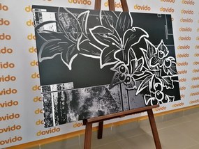 Obraz kvetinová ilustrácia v čiernobielom prevedení - 120x80