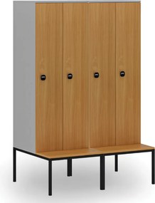 Drevená šatníková skrinka S4 s lavičkou, 2 oddiely, 1871 x 600 x 500/800 mm, demont, RFID zámok, sivá/buk