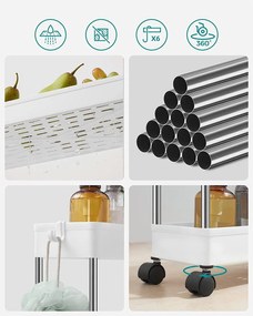 4-úrovňový výsuvný úzky vozík, regál na kolieskach, biely