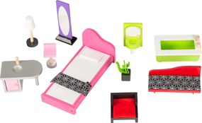 Drevený domček pre bábiky Malibu ECOTOYS – 3-poschodový s výťahom, 10-dielny nábytok