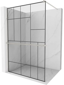 Mexen Kioto+, sprchová zástena Walk-In s poličkou a vešiakom 100 x 200 cm, 8mm číre sklo čierny vzor, brúsená oceľ profil, 800-100-121-97-78