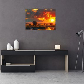 Sklenený obraz - Stádo slonov (70x50 cm)