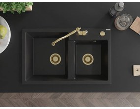 Mexen Tomas, granitový drez 800x500x190 mm, 2-komorový a drezová batéria Carla, čierna, 6516-77-670700-50