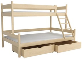 Detská poschodová posteľ z masívu borovice s rozšíreným spodným lôžkom NEVADA so šuplíkmi - 200x90/140 cm - PRÍRODNÁ BOROVICA