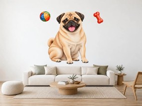 Mops s loptičkou a kosťou realistické textilné nálepky na stenu pre milovníkov mopsov arch 32 x 46 cm