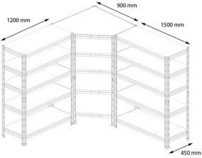 Bezskrutkový kovový regál RIVET CORNER PACK 180x210x240x45 cm, 5x HDF polica, zinok