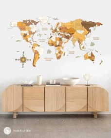 Nástenná drevená mapa sveta 3D, ručne vyrábaná, 200x100cm Natur artem