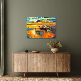 Sklenený obraz - Loďka pri západe slnka (70x50 cm)