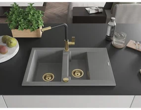 Mexen Gaspar, 1,5-komorový granitový drez 737x475x177 mm a drezová batéria Flora, šedá, 6507-71-670401-57-G