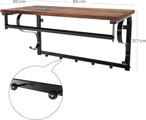 Nástenný vešiak na oblečenie, s 5 háčikmi, 60 x 30 x 31,7 cm, rustikálny hnedý