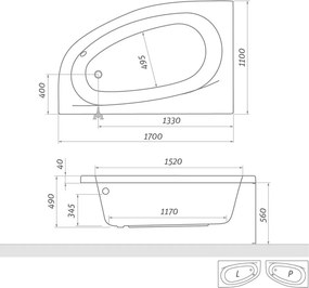Roth Asymetrická akrylátová vaňa ISABELLA NEO ROTH-Variant: rozmery: 170x110 cm, orientácia: Ľavá - (ISABELLA NEO 170 L - 9700000)