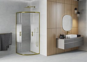Mexen Rio, štvrťkruhový sprchovací kút s posuvnými dverami 80(dvere) x 80(dvere) x 190 cm, 6mm číre sklo s pásikmi, zlatý lesklý profil, 863-080-080-50-20
