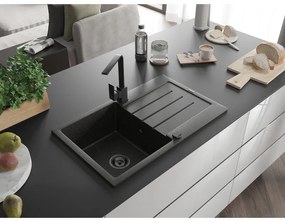 Mexen Bruno, drez granitový 795x495x200 mm, 1-komorový, čierna-zlatá metalíza s čiernym sifónom a čierna drezová batéria Rita, 6513-75-670300-70-B