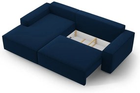 Tmavomodrá zamatová rozkladacia/s úložným priestorom rohová pohovka (ľavý roh/s leňoškou) Jodie – Micadoni