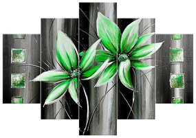 Gario Ručne maľovaný obraz Krásne zelené kvety - 5 dielny Rozmery: 150 x 70 cm