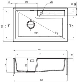 Deante Eridan, granitový drez na dosku 800x500x214 mm, 3,5" + priestorovo úsporný sifón, 1-komorový, grafitová metalíza, ZQE_G10B
