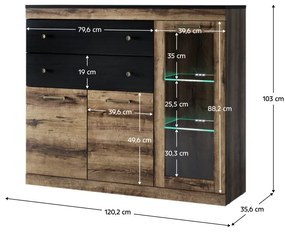Trojdverová vitrína so zásuvkami Jarek 2D1W2S - dub monastery / čierna