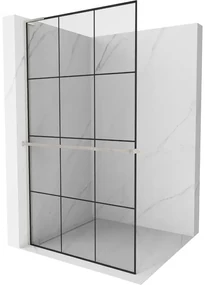 Mexen Kioto+ L, sprchová zástena Walk-In s poličkou a vešiakom 100 x 200 cm, 8mm číre sklo čierny vzor, brúsená oceľ profil, 800-100-123-97-77