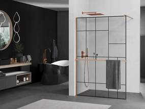Mexen Kioto+, sprchová zástena Walk-In s poličkou a vešiakom 90 x 200 cm, 8mm číre sklo čierny vzor, medený matný profil, 800-090-121-65-78