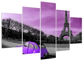 Obraz Eiffelovej veže a fialového auta (150x105 cm)