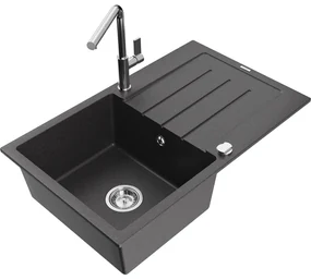 Mexen Bruno, 1-komorový granitový drez 795x495x200 mm a drezová batéria Flora, čierna škvrnitá, 6513-76-670401-00