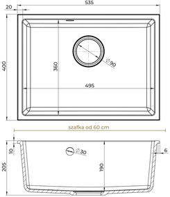 Sink Quality Crypton 60, kuchynský granitový drez 535x400x205 mm + čierny sifón, biela, SKQ-CRY.W.1KBO.60.XB