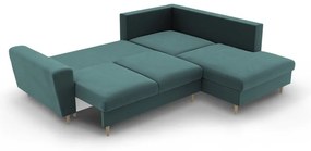 Zamatová rozkladacia/s úložným priestorom rohová pohovka v petrolejovej farbe (pravý roh/do L) Kyoto – Cosmopolitan Design