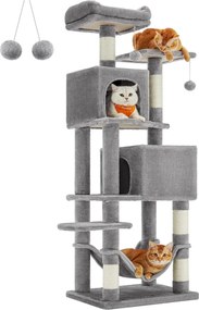 Feandrea škrabadlo pre mačky, 155 cm vysoká hracia veža s 5 škrabacími stĺpmi v sivej farbe