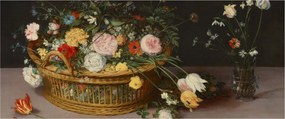 Obraz - Jan Brueghel the Elder, Flowers in a Basket and a Vase, reprodukcia (120x50 cm)