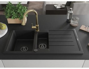 Mexen Andres, 1,5-komorový granitový drez 1000x500x200 mm a drezová batéria Elia, čierna, 6515-77-670101-50-B