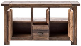 furniture-nabytek.cz - Produktový názov v slovenčine by mohol znieť: Masívna skrinka pod umývadlo Cancún z recyklovanej borovice, lakovaná, hnedá.