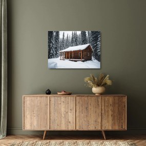 Sklenený obraz - Zasnežená chata (70x50 cm)