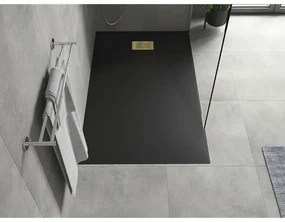 Mexen Hugo, obdĺžniková sprchová vanička SMC 140 x 90 cm, čierna, zlatá krytka, 42709014-G