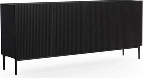 Čierna matná komoda Nicole 200 cm so štyrmi dverami a ryhovaným čelom - čierne nožičky