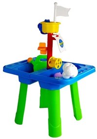 LEAN TOYS Stolík s pieskoviskom + formičky, lopatky, krhla