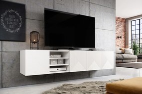 Závesný TV stolík Asha 200 cm s 3 otvorenými policami - biely mat