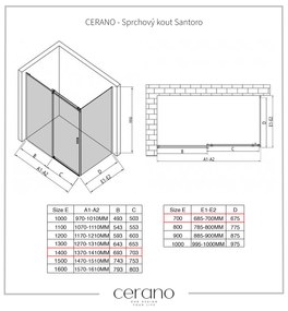 CERANO - Sprchovací kút Santoro Ľ/P - 8 mm - čierna matná, grafitové sklo - 140x70 cm - posuvný, CER-CER-8050BD7306