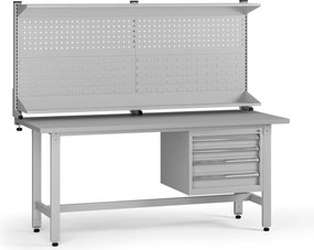 Výškovo nastaviteľný dielenský stôl G5 s nadstavbou, 1800 x 750 x 800-1000 mm, 1x kontajner, 4 zásuvky, sivá