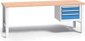 Pracovný stôl do dielne G3 so závesným boxom na náradie, buková škárovka, 3 zásuvky, pevné kovové nohy, 2000 mm, modrá