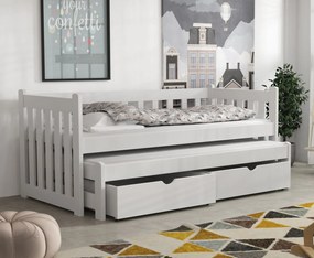 Detská posteľ z masívu borovice KRYŠPÍN s prístelkou a šuplíky - 200x90 cm - BIELA